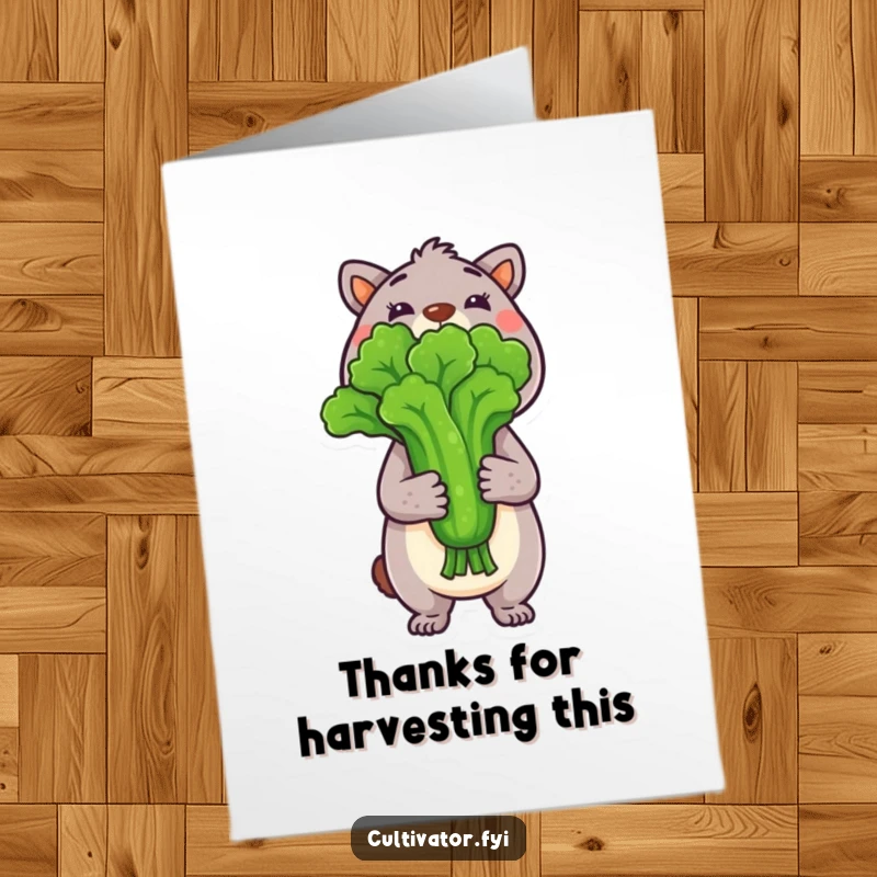 Funny Free Printable Thank You Card: An animal holds up a vibrant, fresh vegetable, representing a successful harvest.
