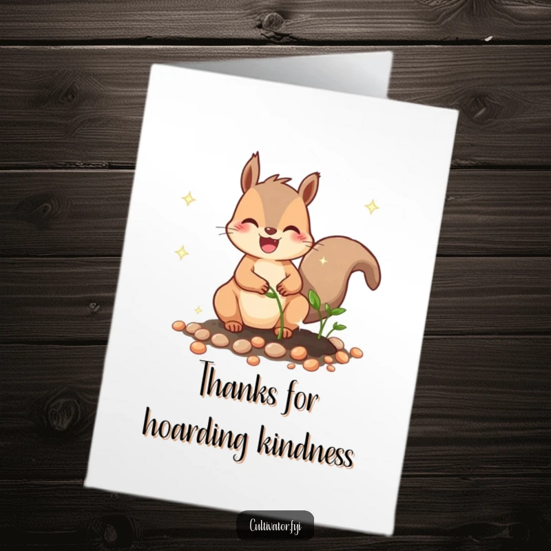 Funny free printable thank you card with a happy squirrel planting shiny seeds, a sweet downloadable art piece.