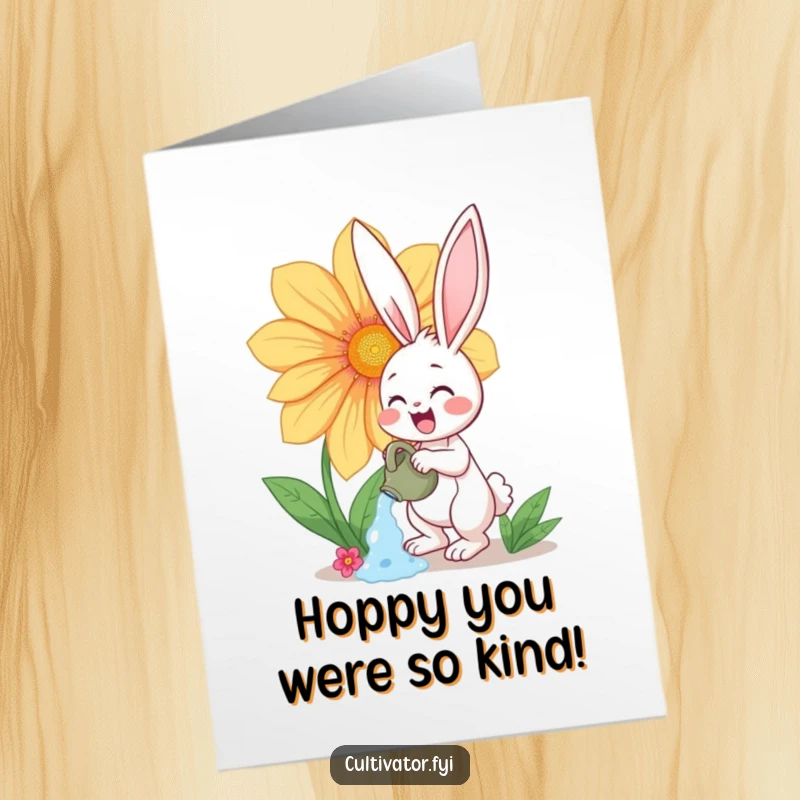 Funny Free Printable Thank You Card: Happy bunny enthusiastically watering a very large, vibrant flower. Cute, growth-themed DIY card.