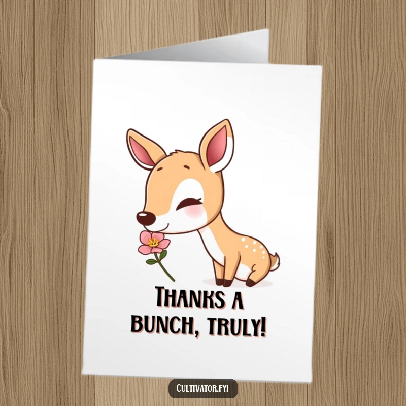 Funny Free Printable Thank You Card: A deer peacefully sniffing a flower, conveying thanks with gentle humor.
