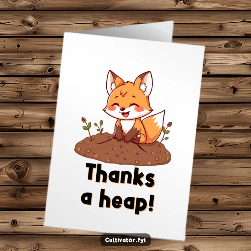 Funny Free Printable Thank You Card: Playful fox digging with a wide smile, expressing thanks hilariously.