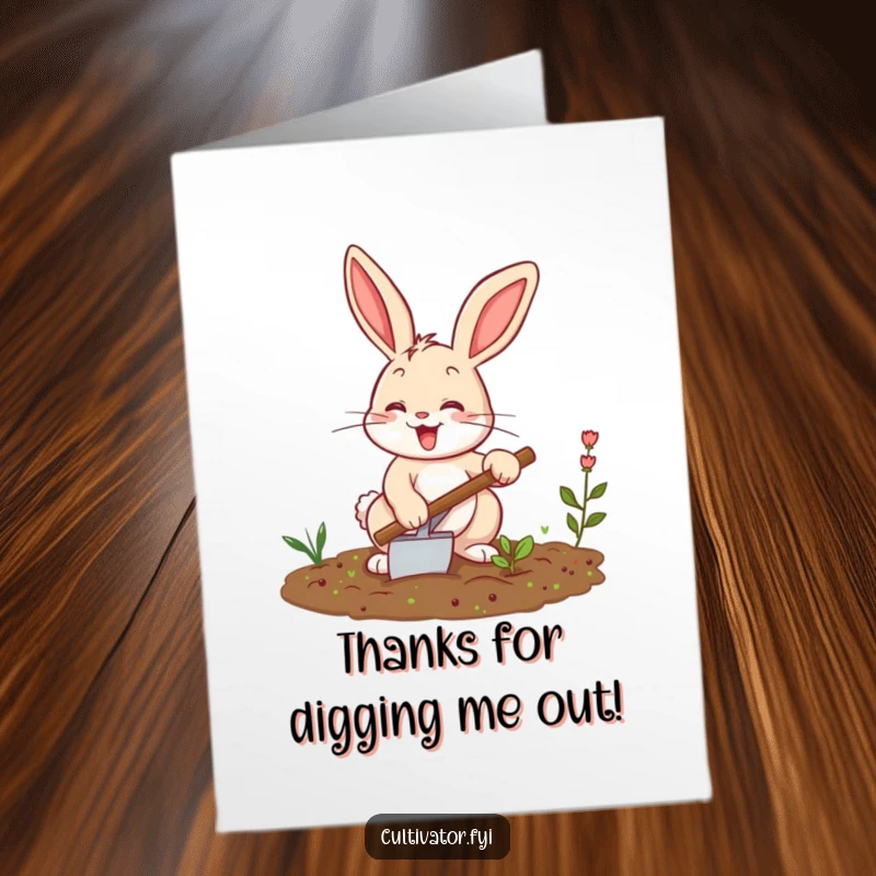 Funny Free Printable Thank You Card: Happy bunny tilling soil with a trowel, expressing thanks, downloadable art, print at home.