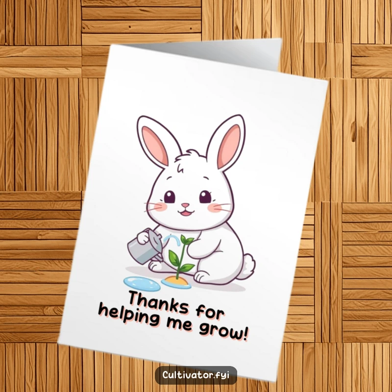 Funny Free Printable Thank You Card: A happy rabbit watering a tiny sprout, expressing thanks for nurturing growth.