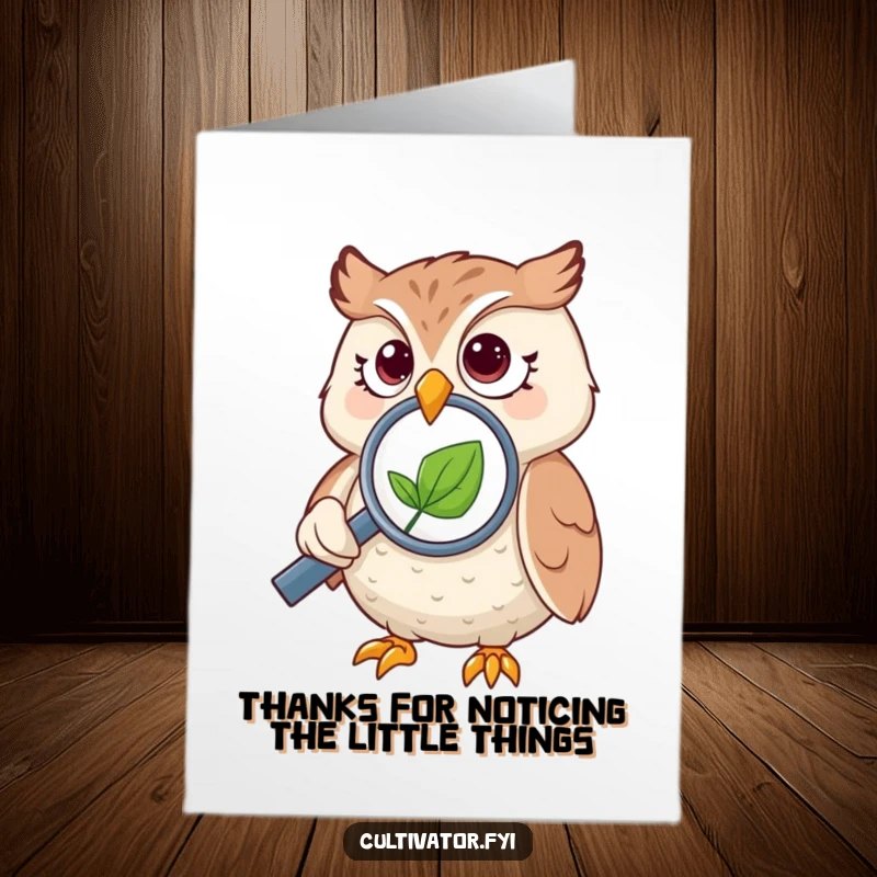 Funny Free Printable Thank You Card with a curious owl using a magnifying glass to inspect a tiny leaf, ideal for unique thanks.