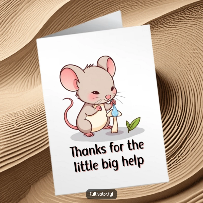 Funny Free Printable Thank You Card: Determined mouse carefully waters a minuscule mushroom with a dropper, a unique way to say thanks.