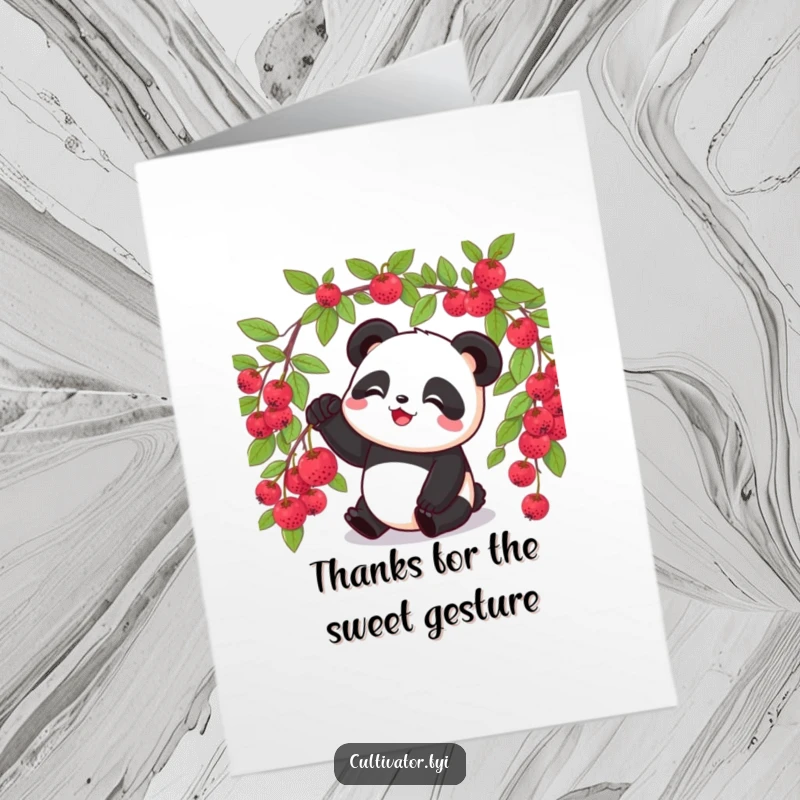 Funny Free Printable Thank You Card with a delighted panda carefully picking a single ripe berry from a bush, ideal for memorable thanks.