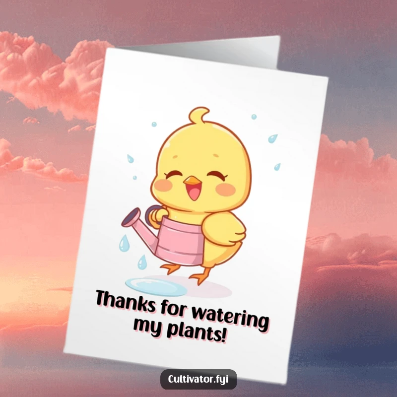 Funny Free Printable Thank You Card: Joyous chick collecting dewdrops, expressing thanks with adorable charm.
