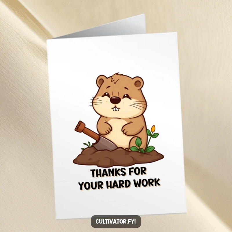 Funny Free Printable Thank You Card: Diligent beaver digging garden bed, expressing gratitude, DIY gift.