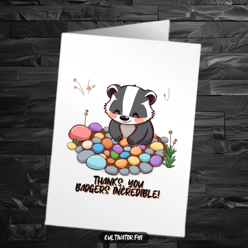 Funny Free Printable Thank You Card: A smiling badger carefully arranging colorful pebbles in a garden path, a serene way to say thank you.