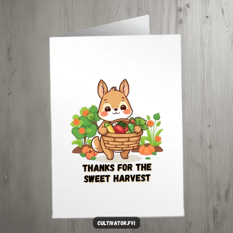 Funny Free Printable Thank You Card with a smiling animal character holding out a basket brimming with freshly picked produce.