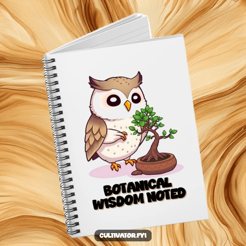 Funny Owl Notebook: Lively owl carefully pruning a bonsai tree, ideal for jotting down ideas and gardening plans humorously.