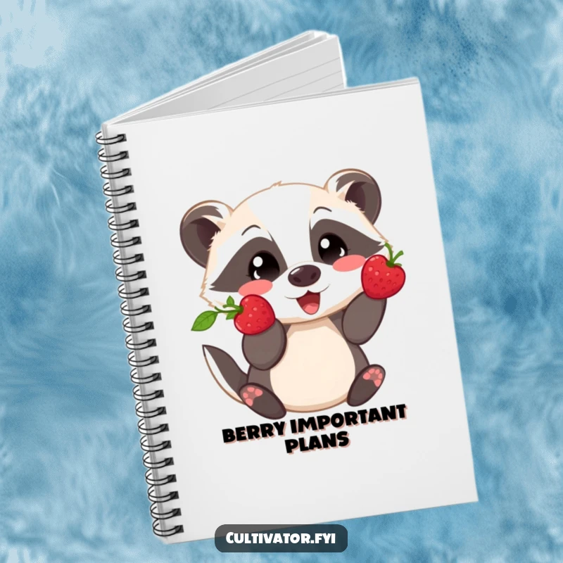 Funny notebook featuring a playful badger proudly showing off a freshly picked berry, ideal for notes.