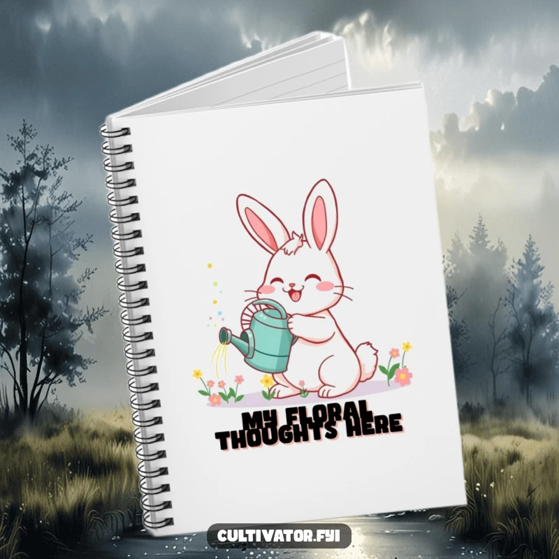 Funny Bunny Notebook: Cheerful bunny with a watering can sprinkles tiny flowers, great for journaling.