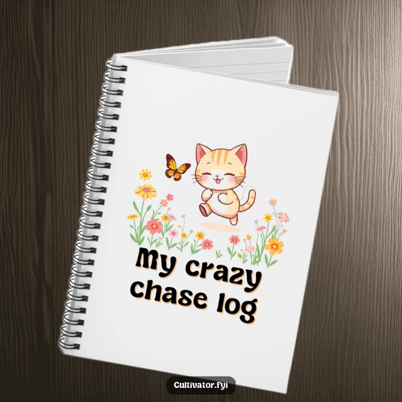 Funny notebook cover showcasing an energetic cat playfully chasing a butterfly through a vibrant field of flowers, ideal for note-taking.