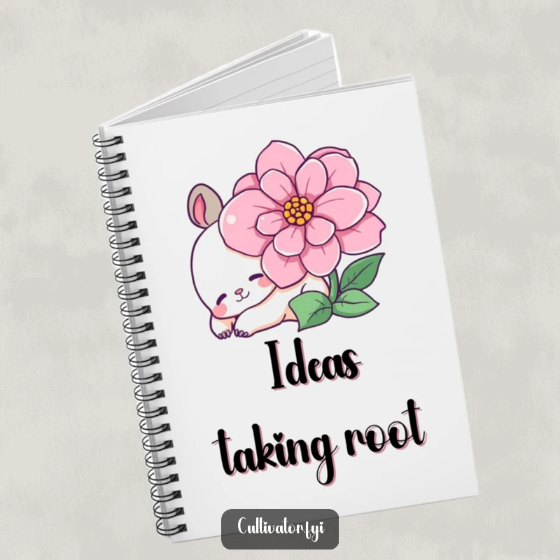 Funny notebook cover featuring a content animal character resting by a blooming flower, perfect for humorous note-taking.