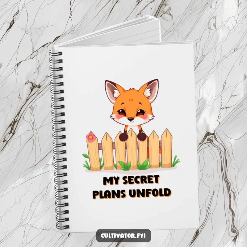 Funny notebook with a curious fox peeking over a garden fence, ideal for journaling and creative writing.