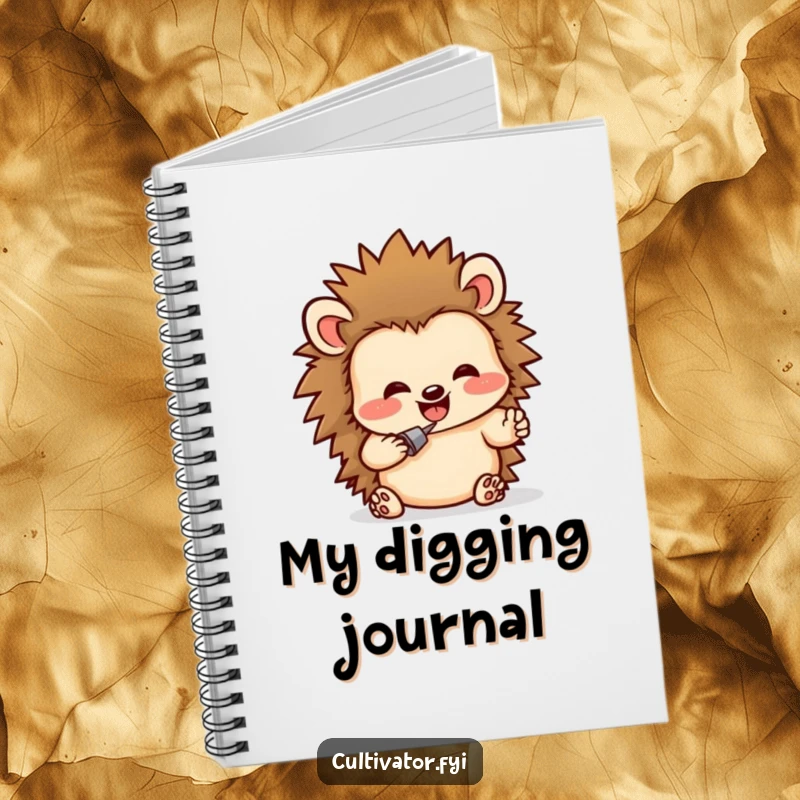 Funny notebook with a delighted hedgehog character humorously digging in rich soil, perfect for jotting down funny ideas.