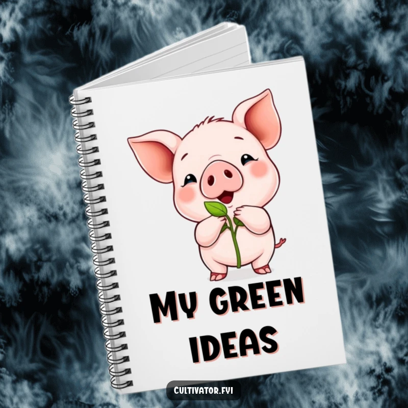Funny notebook cover with a proud piglet showing off a tiny green sprout, ideal for gardening notes.