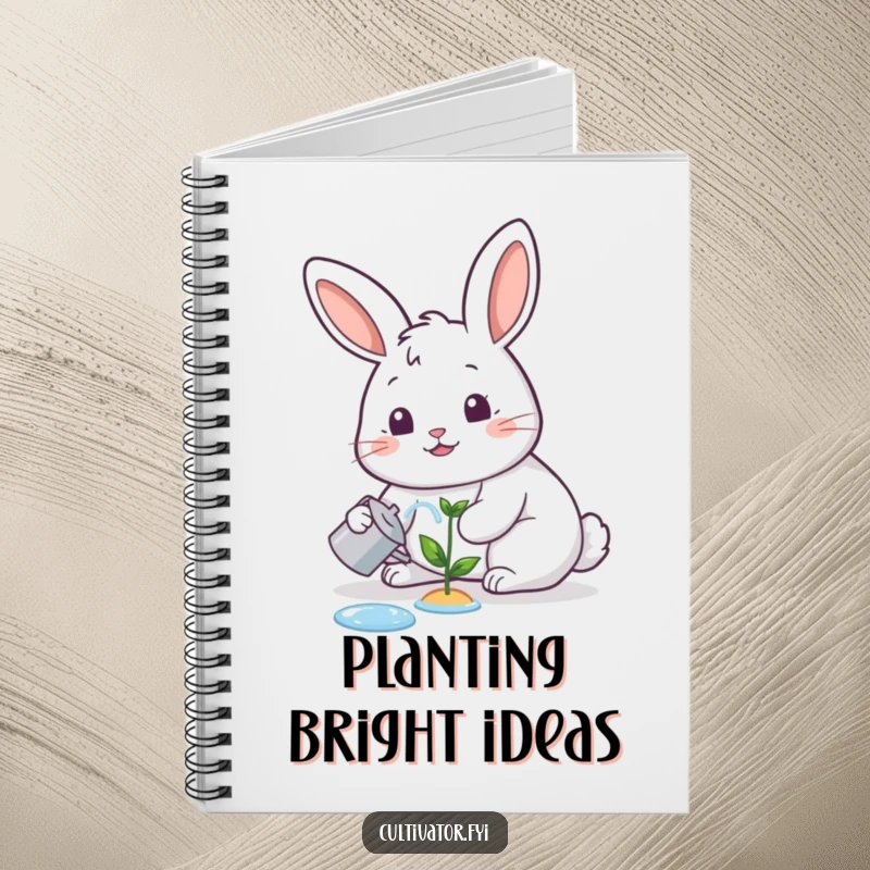 Funny notebook, happy rabbit watering a tiny sprout with a cheerful expression, witty and inspiring for notes.