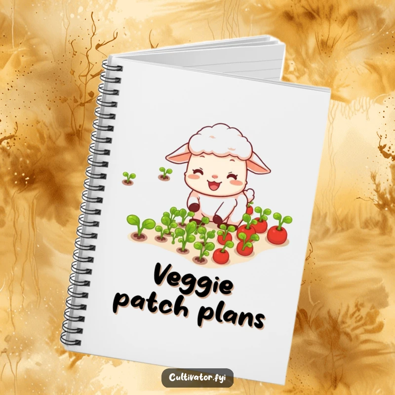 Funny happy sheep joyfully tending rows of tiny vegetables notebook, ideal for garden plans and recipes.