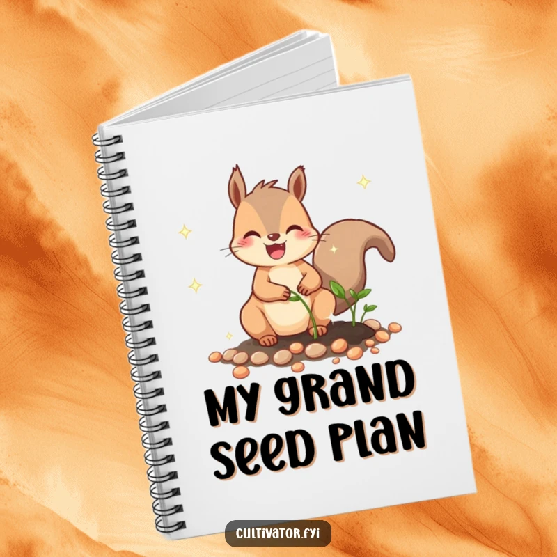 Funny notebook with a joyful squirrel character humorously planting sparkling seeds, perfect for jotting down funny ideas.