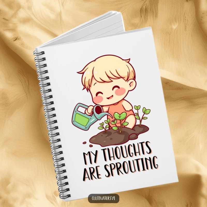 Funny smiling character watering sprouts with a small colorful watering can notebook, ideal for plant care notes.