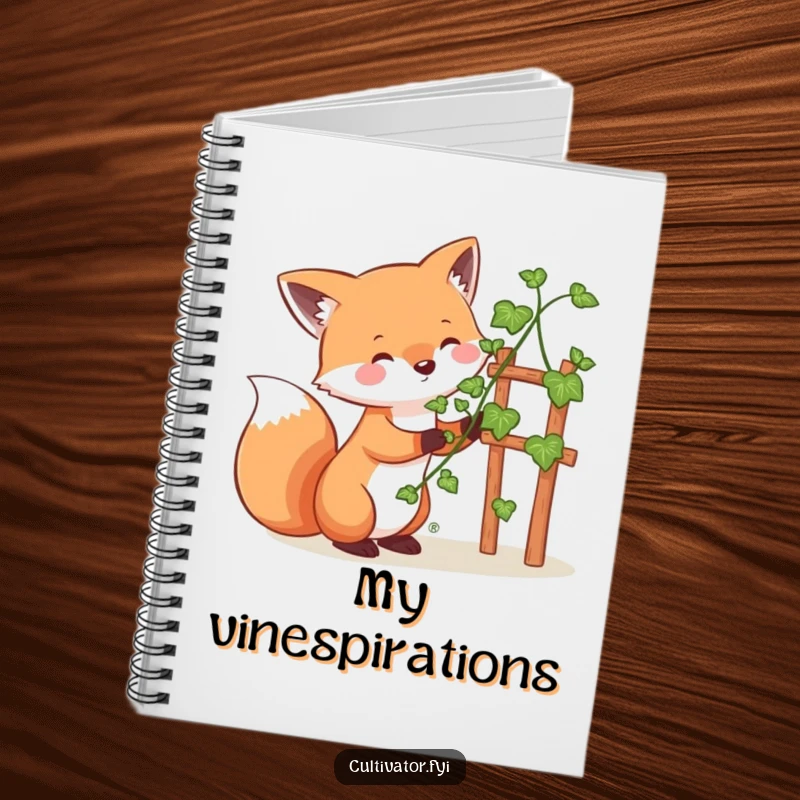 Funny whimsical fox notebook, happily guiding a vine up a small trellis, perfect for jotting down ideas with a touch of woodland charm.