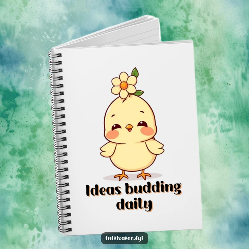 Funny notebook, happy chick balancing a flower on its head, journal for notes, cheerful stationery, creative inspiration.