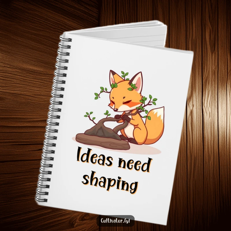 Funny determined fox carefully pruning a miniature bonsai tree notebook, ideal for focused note-taking.