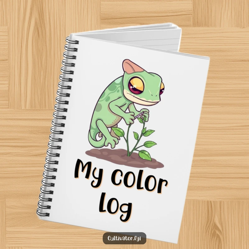 Funny chameleon measuring notebook with a curious reptile carefully measuring a tiny vine's growth, perfect for notes.