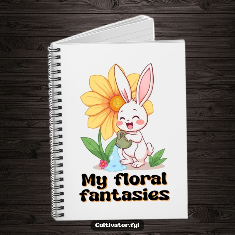 Funny notebook with a happy bunny character enthusiastically watering a giant, vibrant flower, perfect for journaling gardening ideas humorously.