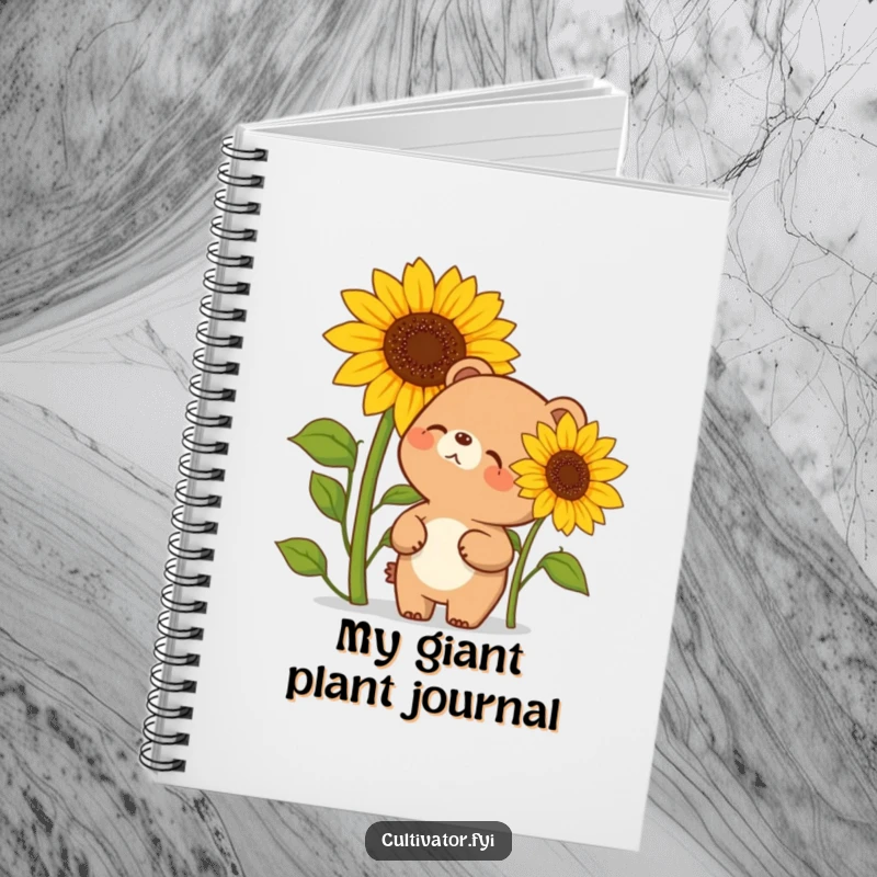 Funny notebook cover with a cheerful bear cub giggling at a massively tall sunflower, perfect for capturing notes and ideas with a smile.