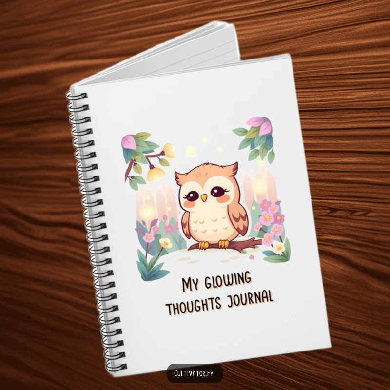 Funny notebook cover illustrating a tranquil owl watching fireflies twinkle in a lush garden, perfect for journaling or sketching.