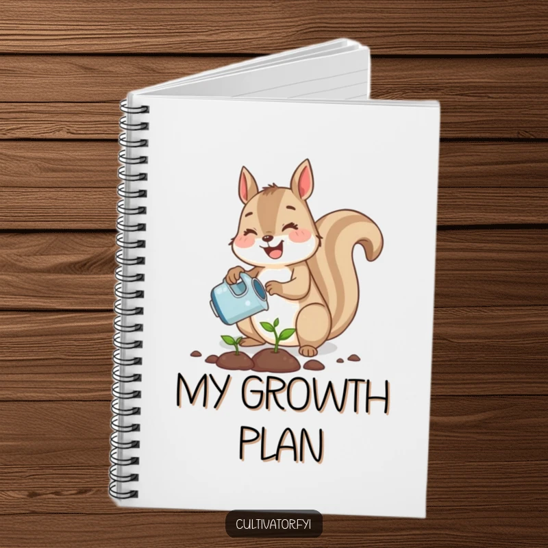 Funny cute squirrel joyfully planting a tiny seed with a watering can, a humorous notebook cover for garden planning.