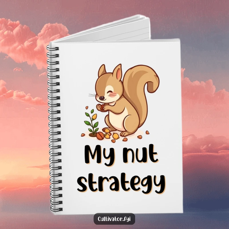 Funny notebook cover with a squirrel scattering nuts near a small plant, ideal for jotting down creative ideas.