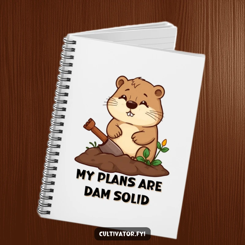 Funny beaver notebook featuring a diligent beaver digging a garden bed with a determined expression, a cool funny gift.
