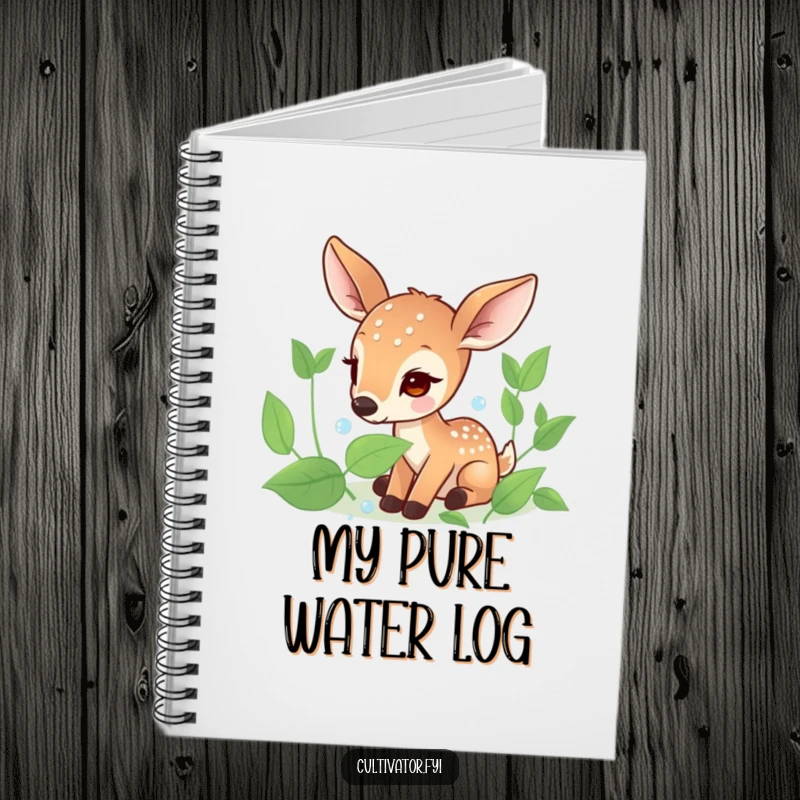 Funny notebook cover with a focused deer character delicately collecting dew drops from leaves, perfect for journaling and note-taking.