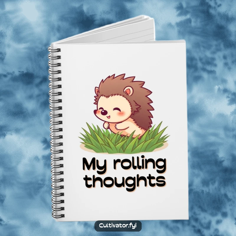 Funny Hedgehog Notebook: Giggling hedgehog character rolls through soft green grass, great for journaling.