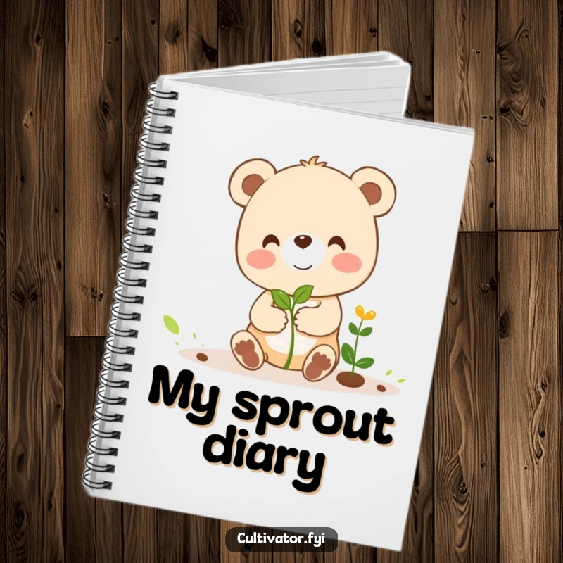 Funny notebook with a cheerful bear cub character humorously guiding a tiny sprout, perfect for jotting down funny ideas.