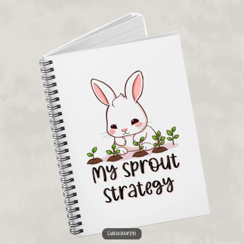 Funny rabbit nurturing seedlings on a notebook, a cute and humorous tool for journaling garden plans.