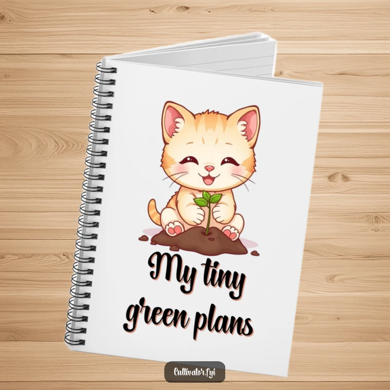 Funny smiling kitten planting a seed on a notebook, a cute and humorous tool for journaling gardening ideas.