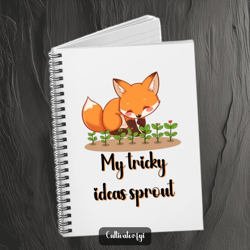 Funny fox notebook featuring a playful fox tending to tiny seedlings with enthusiasm, a cool funny gift.
