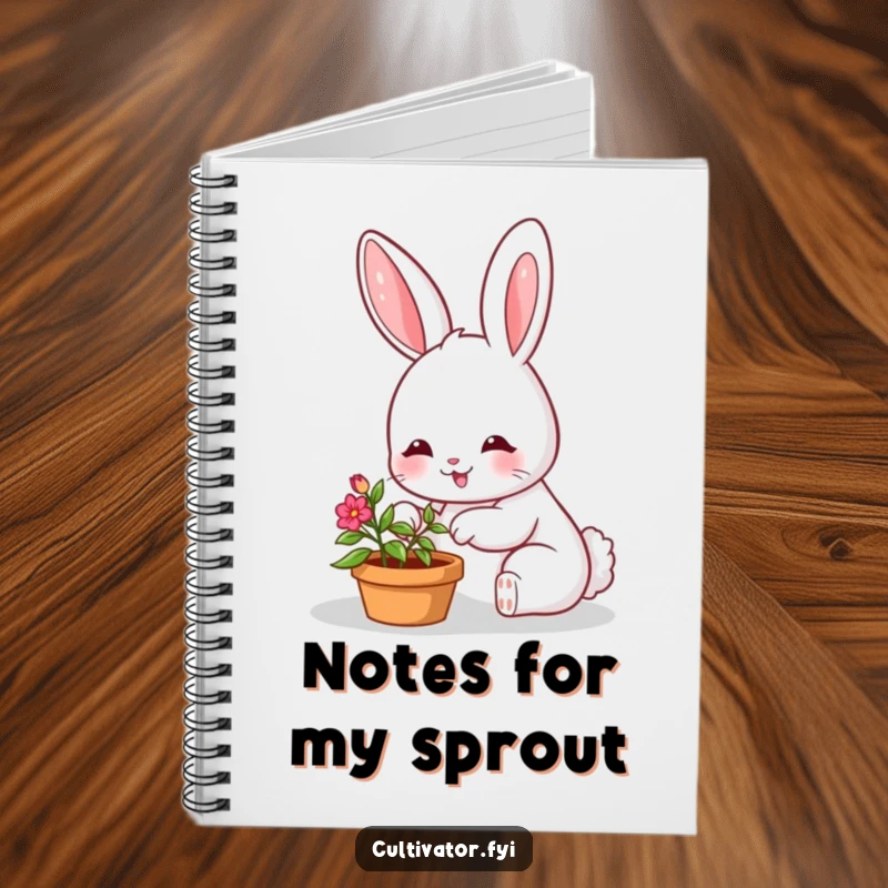 Funny notebook with a smiling bunny character happily tending a small, vibrant potted plant, ideal for garden notes.