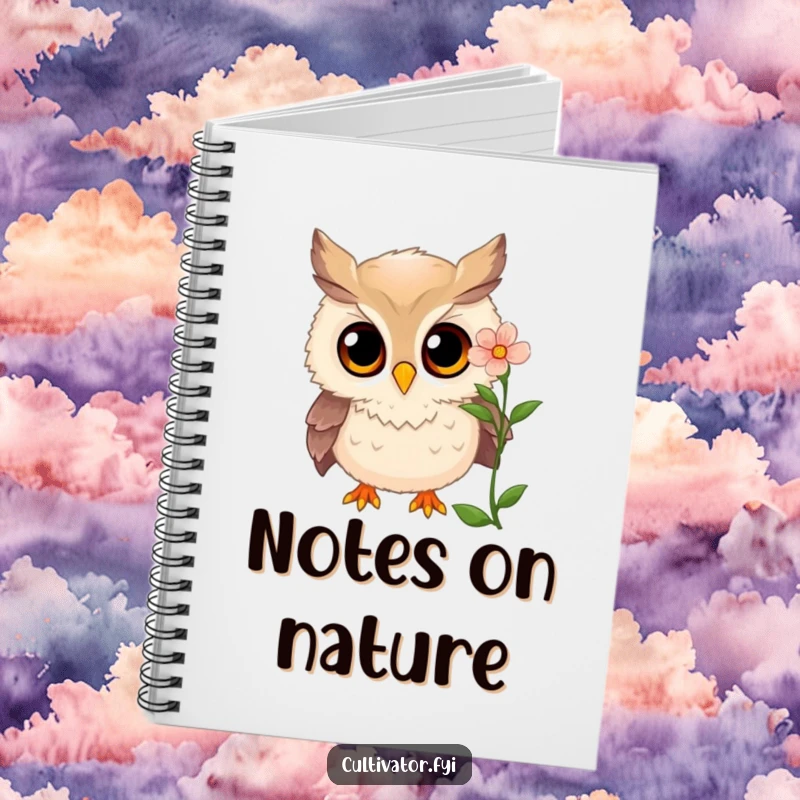 Funny owl notebook featuring a curious owl examining a blooming flower with wide, amazed eyes, a cool funny gift.