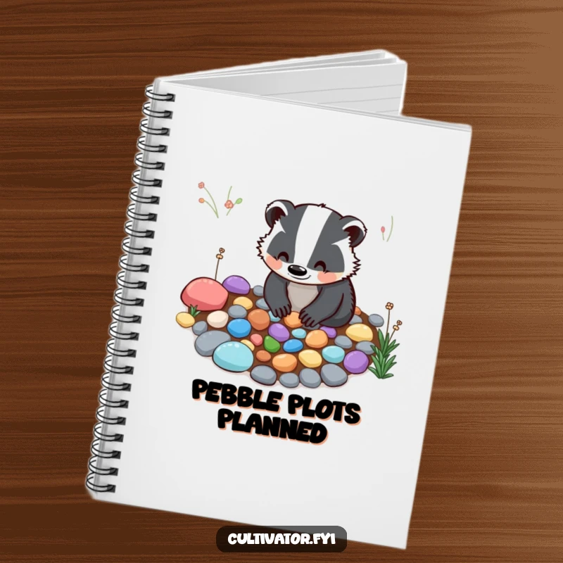 Funny Notebook: A smiling badger carefully arranges colorful pebbles for a garden path, perfect for jotting down nature notes.