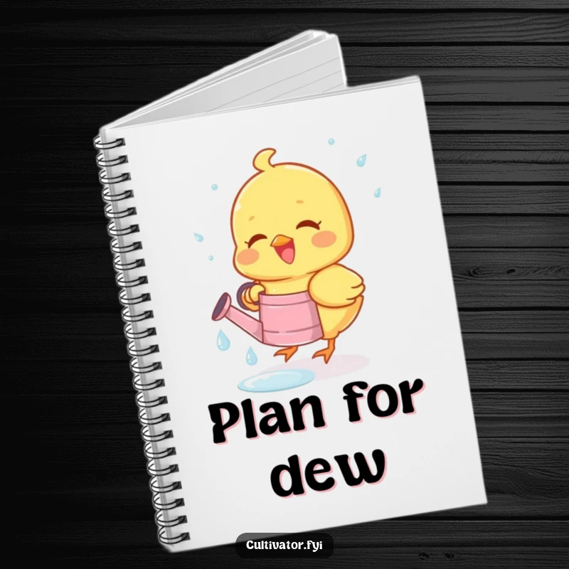 Funny notebook featuring a joyous chick happily collecting dewdrops in a tiny watering can, ideal for notes.