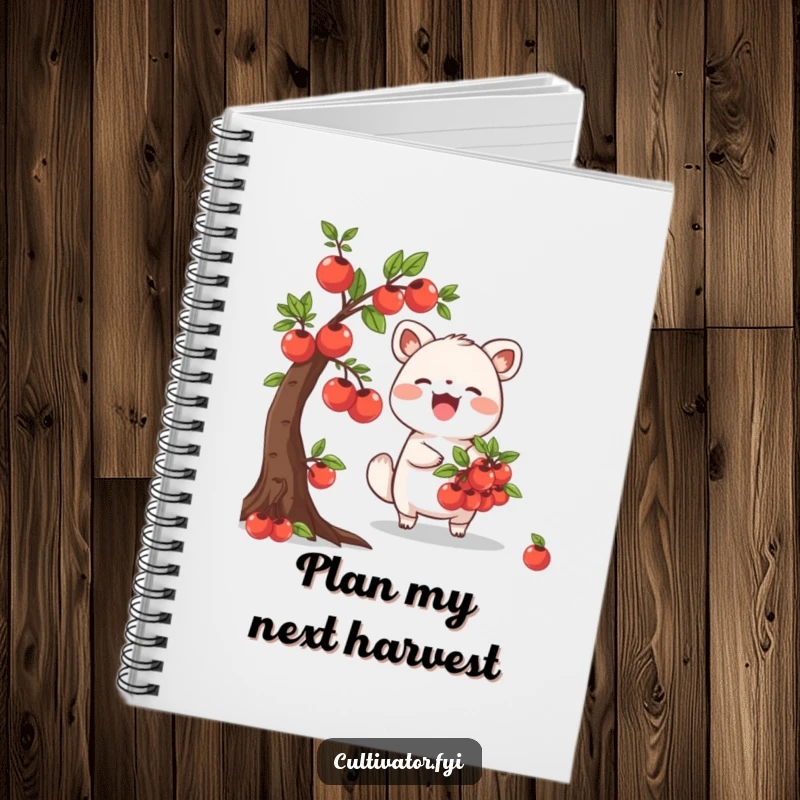 Funny Notebook showing a joyful animal character happily harvesting fruits from a miniature tree, with blank pages for garden notes and ideas.