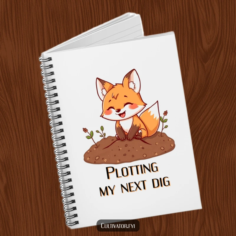 Funny fox notebook cover with a smiling fox enthusiastically digging in soil, designed for jotting down notes and ideas.