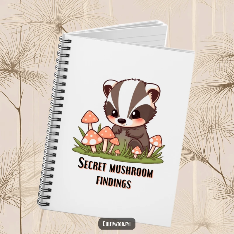 Funny notebook cover with a curious badger character peeking into a colorful mushroom patch, perfect for jotting down notes and ideas.