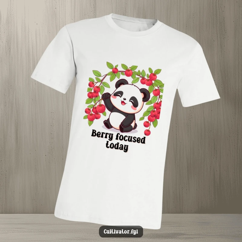 Funny panda t-shirt, depicted happily plucking a ripe berry from a berry bush, showcasing a sweet tooth.